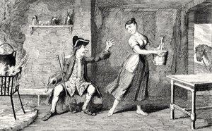Jeannie Deans v chatě svého otce, ilustrace z „The Heart of Midlothian“ od Sira Waltera Scotta (1771-1832), vydané v roce 1843 od George Cruikshank