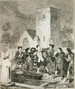Jonathan Wild se zmocnil Jacka na pohřbu své matky na hřbitově Willesden, ilustrace z „Jack Sheppard: Romance“ od Williama Harrisona Ainswortha, vydáno 1839 (lept) od George Cruikshank