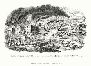 London Going Out of Town, aneb Pochod cihel a malty (rytina) od George Cruikshank