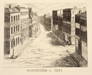 Manchester v roce 1851, z roku 1851 aneb Dobrodružství manželů Sandboyových a jejich rodiny, kteří se přijeli pobavit do Londýna a podívat se na Velkou výstavu, pub. 1851 od George Cruikshank