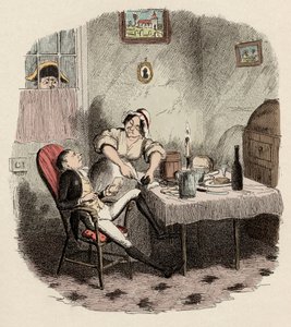 Monsieur Bumble pozoruje Noe Claypolea a Charlottu - Pan Claypole, jak se objevil, když byl jeho pán pryč - Ilustrace k "Oliveru Twistovi" (Olivier) (The Adventures of Oliver Twist) od Charlese Dickense (1812-1870), autor George Cruikshank (1792-1878) . od George Cruikshank