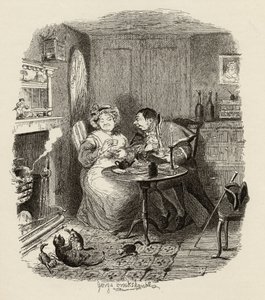 Pan Bumble a paní Corneyová si dávají čaj, z knihy "The Adventures of Oliver Twist" od Charlese Dickense (1812-70), 1838, vydáno nakladatelstvím Chapman und Hall, 1901. od George Cruikshank