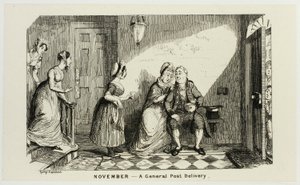 Listopad - Obecná poštovní zásilka v opozici od ocelových leptů George Cruikshanka ke komiksovým almanachům: 1835-1853 od George Cruikshank