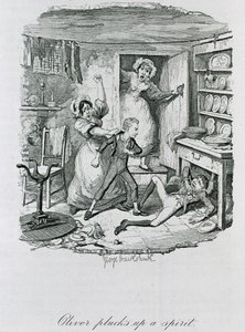 Oliver trhá ducha, 1837 od George Cruikshank