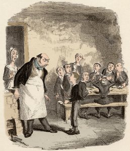 Oliver je navržen tak, aby si od vedoucího Hospice pro malé děti vyžádal jídlo navíc - Oliver žádá o více - Ilustrace pro „“Oliver Twist““ (Olivier) (Dobrodružství Olivera Twista) od Charlese Dickense (1812-1870), od George Cruikshank (1792 od George Cruikshank