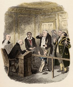 Oliver prosil dětského soudce, aby ho nenechal vyučit v Gamfieldu, u komína - Oliver uteče, když je připoután jako učeň k zametání - Ilustrace pro Charlese Dickense „Oliver Twist“ (Oliver) (Dobrodružství Olivera Twista) (1812-1870), podle od George Cruikshank