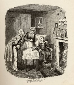Oliver se zotavuje z horečky, z knihy "The Adventures of Oliver Twist" od Charlese Dickense (1812-70), 1838, vydáno nakladatelstvím Chapman und Hall, 1901. od George Cruikshank