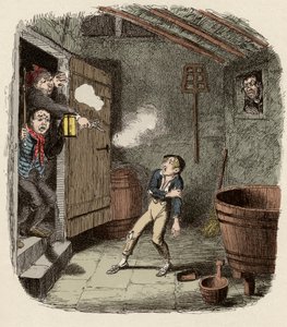 Oliver překvapený a zraněný během pokusu o vloupání - Vloupání - Ilustrace pro "" Oliver Twist "" (Olivier) (Dobrodružství Olivera Twista) od Charlese Dickense (1812-1870), od George Cruikshanka (1792-1878) . od George Cruikshank