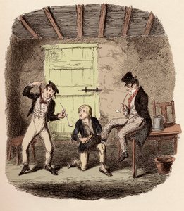 Oliver voskuje Foxovy boty, zatímco Charley Bates vysvětluje nebezpečí věšení - Mistr Bates vysvětluje profesionální techniku - Ilustrace pro „Oliver Twist“ (Olivier) (Dobrodružství Olivera Twista) od Charlese Dickense (1812-1870), od George Crui od George Cruikshank