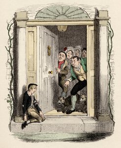 Oliver rány a výfuky žádá o pomoc - Oliver Twist u dveří paní Mayliesové - Ilustrace k "" Oliver Twist "" (Olivier) (Dobrodružství Olivera Twista) od Charlese Dickense (1812-1870), George Cruikshank (1792-1878) . od George Cruikshank
