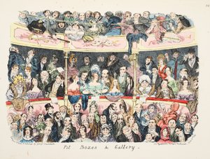 Pit Boxs and Gallery, hospoda. 1836 (ručně kolorovaná rytina) od George Cruikshank