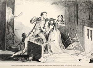 Talíř VI, Hrůzostrašné hádky a brutální násilí jsou přirozeným důsledkem častého užívání láhve, talíř IV z knihy "Opilcovy děti", nakl. 1848 (čb. rytina) od George Cruikshank