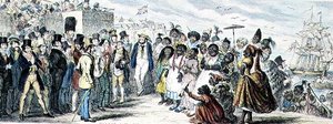 Pravděpodobné účinky nadměrné ženské emigrace ručně kolorovaný lept od George Cruikshank