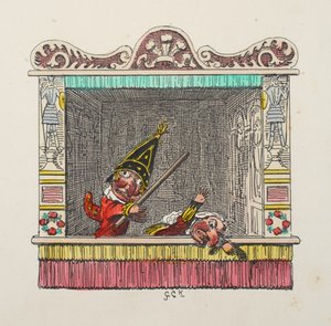 Punch and Judy z hospody Punch and Judy. 1827 (ručně kolorovaná rytina) od George Cruikshank