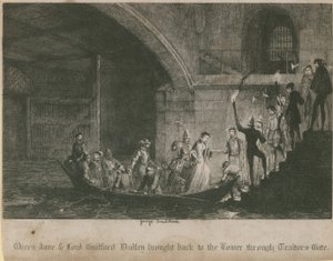 Královnu Jane a lorda Guilforda Dudleyho přivedli zpět do Toweru Bránou zrádců od George Cruikshank