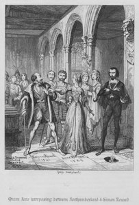 Queen Jane vstupující mezi Northumberland a Simon Renard (rytina) od George Cruikshank