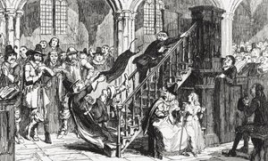Reverend Holdenough během bohoslužby, ilustrace z „Woodstock“ od sira Waltera Scotta (1771-1832) publikovaná v roce 1845 od George Cruikshank