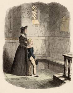 Rose Maylie a Oliver před pamětní deskou Agnes, jejich sestry a matky - Rose Maylie a Oliver - Ilustrace pro „“Oliver Twist““ (Olivier) (Dobrodružství Olivera Twista) od Charlese Dickense (1812-1870), od George Cruikshank (179 od George Cruikshank
