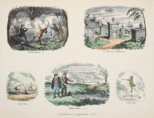 Střípky a náčrtky: , Africká osada, Lžíce, Obtěžování, Lopatkový muž, pub. 1831 (ručně kolorovaná rytina) od George Cruikshank
