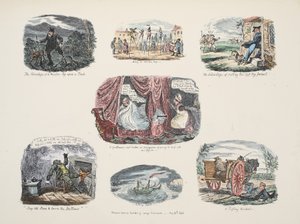 Série ilustrací o výhodách a nedostatcích držení dřevěné nohy, hospoda. 1828 (ručně kolorovaná rytina) od George Cruikshank