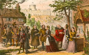 Sir John Falstaff na návštěvě u svého přítele Page ve Windsoru od George Cruikshank