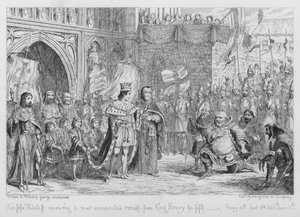 Sir John Falstaff obdržel nečekanou výtku od krále Jindřicha Pátého od George Cruikshank