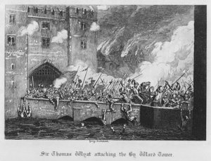 Sir Thomas Wyatt útočí na Byward Tower (rytina) od George Cruikshank