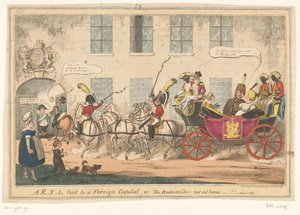 Spotprent op prines Caroline, 1817 Návštěva R-Y-L v cizím hlavním městě nebo, velvyslanec není doma-!! (název na objektu) od George Cruikshank