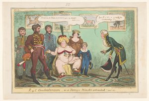 Spotprent op prines Caroline, 1817 R-y-l blahosklonnost nebo ministr zahraničí užaslý! od George Cruikshank