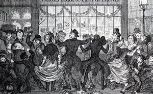 Pouliční uličníci způsobují zmatek v davu před cukrárnou a cukrárnou o Dvanácté od George Cruikshank