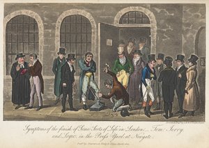 Příznaky konce „některých druhů života“ – Tom, Jerry & Logic v Press Yardu v Newgate, „Life in London atd.“, Pierce Egan od George Cruikshank