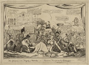 The Afterpiece (sic) k tragédii Waterloo aneb Madame Francois a její manažeři!!!, zveřejněno 9. listopadu od George Cruikshank