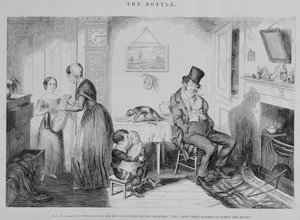 Láhev, Talíř II, Je propuštěn ze zaměstnání pro opilství: zastavují své šaty, aby dodali láhev, 1847 od George Cruikshank