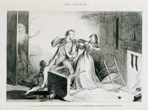 Láhev, Talíř VI, Strašné hádky a brutální násilí jsou přirozené důsledky častého používání láhve, 1847 od George Cruikshank