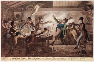 The Cato Street Conspirators, hospoda. G. Humphrey, 9. března 1820 (barevné lito) od George Cruikshank