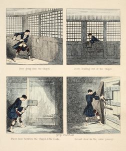 The Escape No. 2, ilustrace z Jack Sheppard: A Romance od Williama Harrisona Ainswortha, hospoda. 1839 (ručně kolorovaná rytina) od George Cruikshank