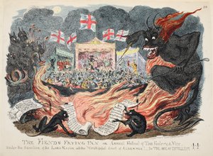 The Fiends Frying Pan aneb Annual Festival of Tom Foolery & Vice, pub. 1832 (ručně kolorovaná rytina) od George Cruikshank