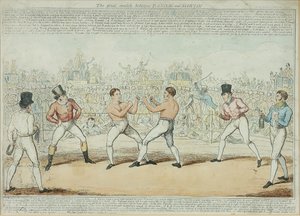 Velký zápas mezi Randallem a Martinem (barevná rytina) od George Cruikshank