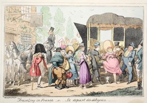 Cestování po Francii nebo Le Depart de la Diligence, hospoda. 1835 (ručně kolorovaný lept) od George Cruikshank