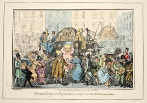 Cestování po Anglii - aneb Peep from the White Horse Cellar, pub. 1835 (ručně kolorovaná rytina) od George Cruikshank