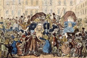 Cestování po Anglii aneb pohled ze sklepa u bílého koně, 1819 (ručně kolorovaný lept) od George Cruikshank