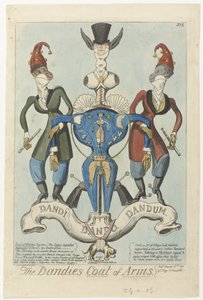 Dvě oblečené opice drží zbraň ve tvaru manekýna The Dandies Coat of Arms (název na předmětu) od George Cruikshank