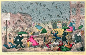 Velmi nevlídné počasí aneb starým rčením ověřeno Prší kočky, psi a vidle!, hospoda. od G. Humphreyho, 1820 od George Cruikshank