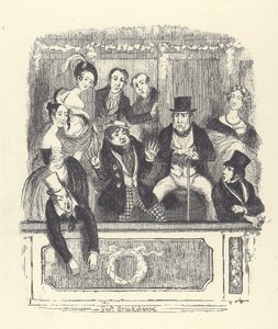 Viktoriánští diváci se shromažďují v lóži londýnského divadla (rytina) od George Cruikshank