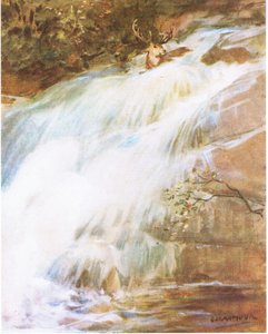 Vyhodil hlavu vysoko do vzduchu v posledním aktu vzdoru a vrhl se do vodopádu (barevná litho) od George Denholm Armour