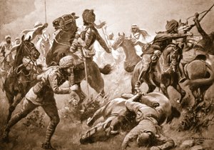 Risaldar Santa Singh, Dafadar Bisham Singh a Sowar Buda Singh prorazili řady Arabů za pomoci kapitána Willoughbyho od George Derville Rowlandson