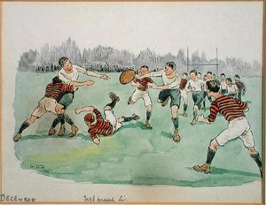 Měsíc prosinec: Rugby (pero, inkoust a akvarel na papíře)