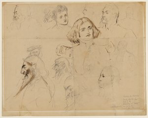 Hrubý náčrt některých postav v Trilby, včetně Trilby a Svengali (tužka, pero a inkoust na papíře) od George du Maurier