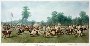 Polo zápas v Hurlinghamu mezi Horse Guards (modrá) a Monmouthshire Team, 7. července 1877