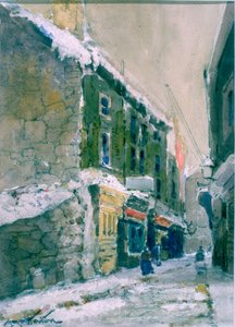 Winter, Clive Street, North Shields (uhl a akvarel na papíře nalepeném na kartě)